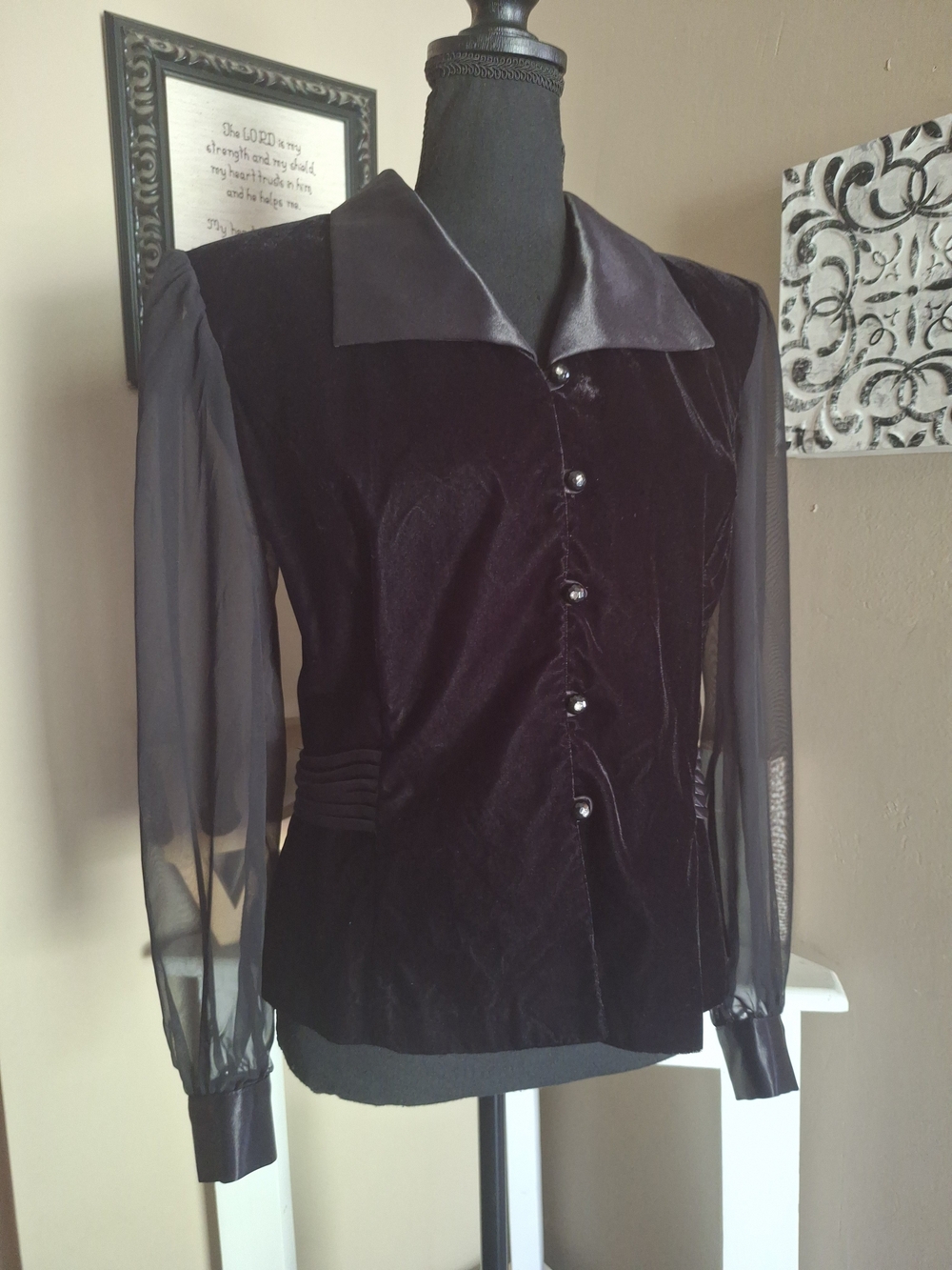 Vintage R&k Brand Black Velvet Women's Button Front Blouse with Sheer Sleeves